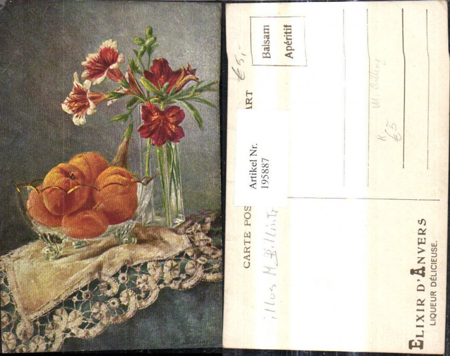 195887,Künstler Ak M. Billing Stillleben Orangen i. Schale Blumenvase Lilien
