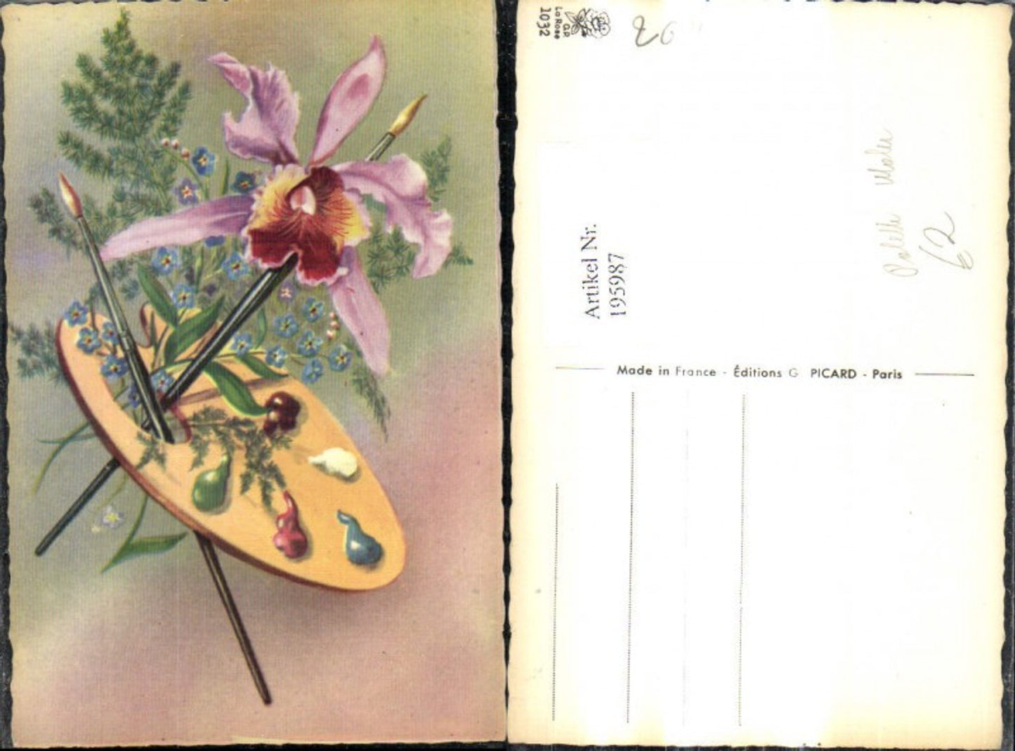 195987,Künstler Ak Farbpalette Pinsel Blumen Pinsel