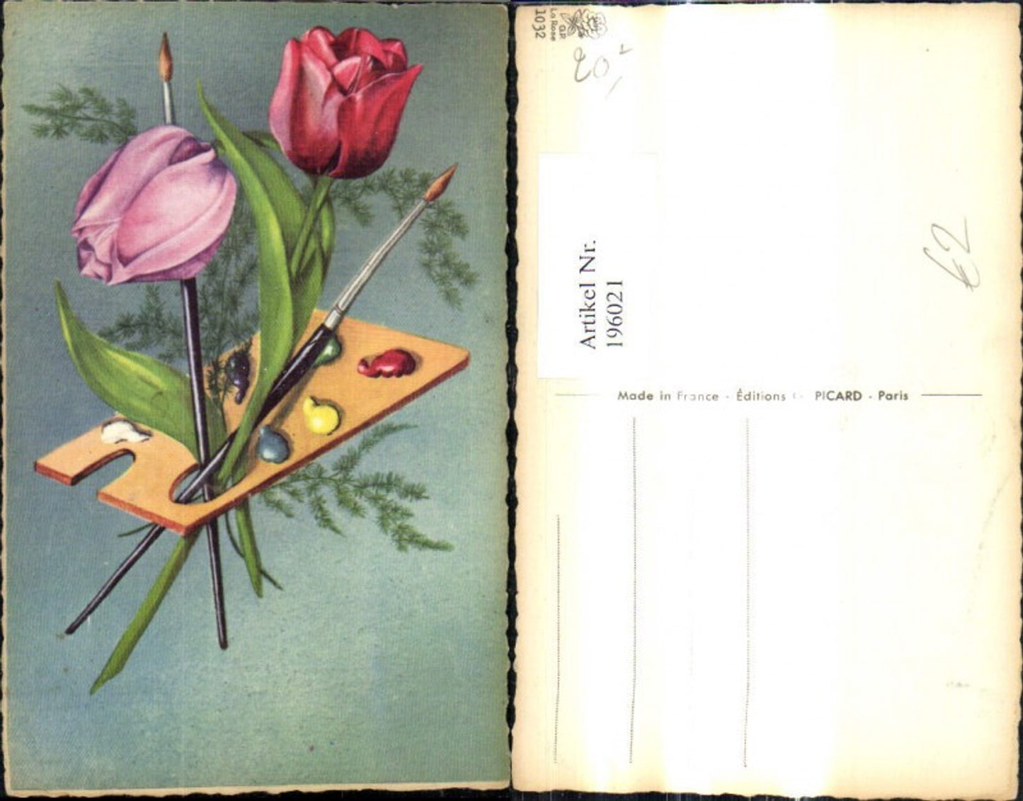 196021,Künstler Ak Farbpalette Pinsel Blumen Pinsel Tulpen
