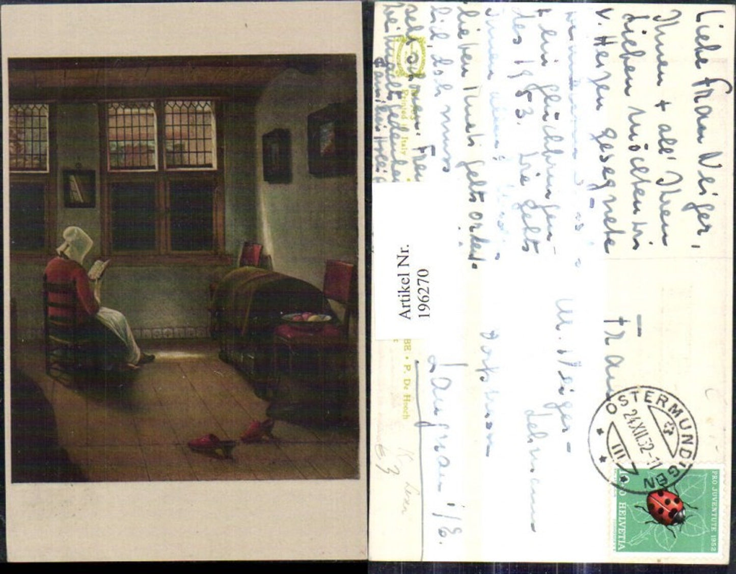 196270,Künstler Ak P. de Hooch Holländische Wohnstube Frau liest Buch Lesen