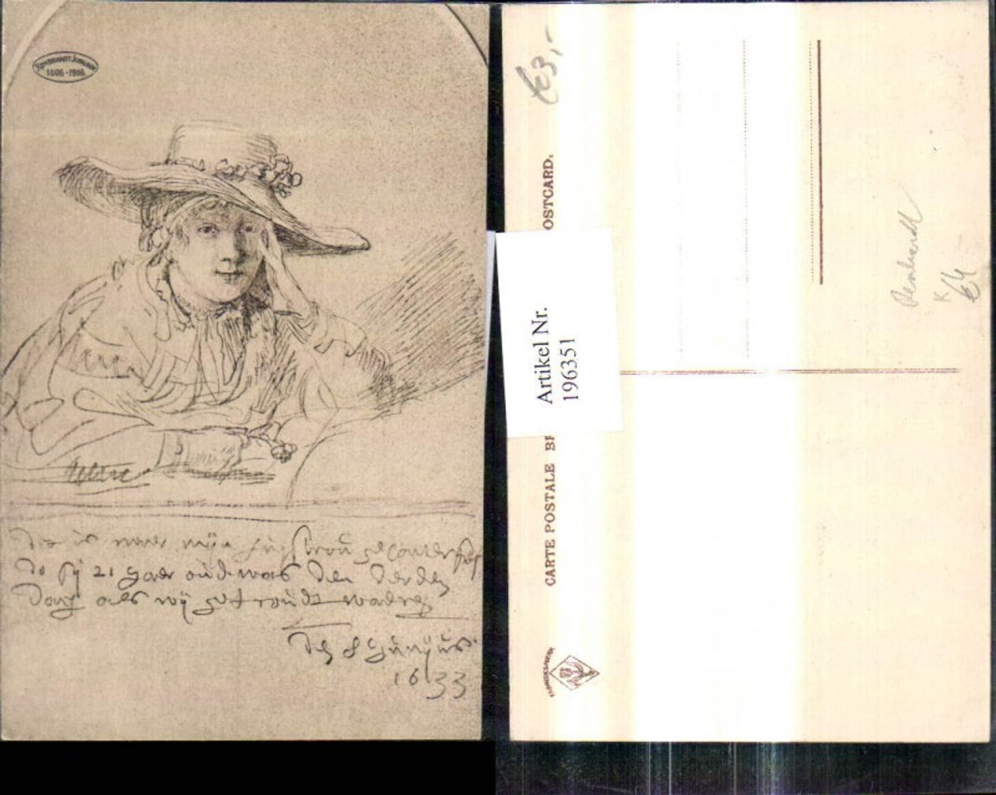 196351,Künstler Ak Rembrandt Frau Hut Portrait