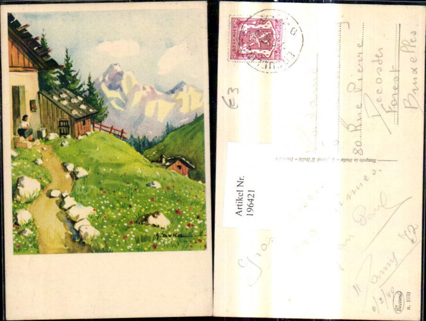 196421,Künstler Ak G. Duka Frau sitzt v. Berghütte Haus Bergkulisse Landschaft