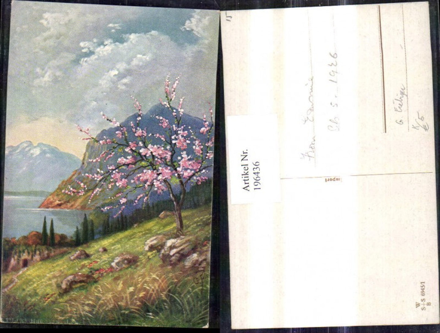 196436,Künstler Ak G. Fiebiger Baumblüte See Bergkulisse Landschaft