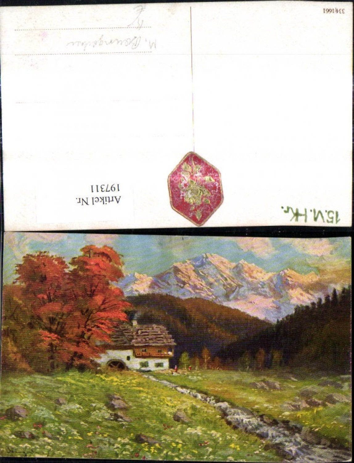 197311,Künstler Ak M. Baumgartner Mühle a. Bach Wassermühle Blumenwiese Bäume Herbst Bergkulisse Landschaft