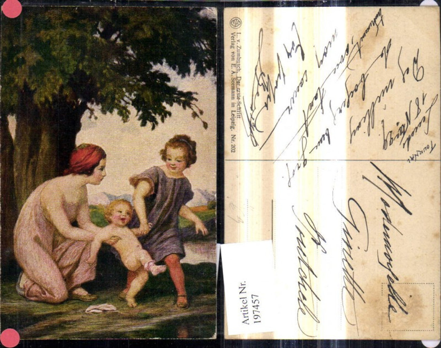 197457,Künstler Ak L. v. Zumbusch Der erste Schritt Kinder b. Baum