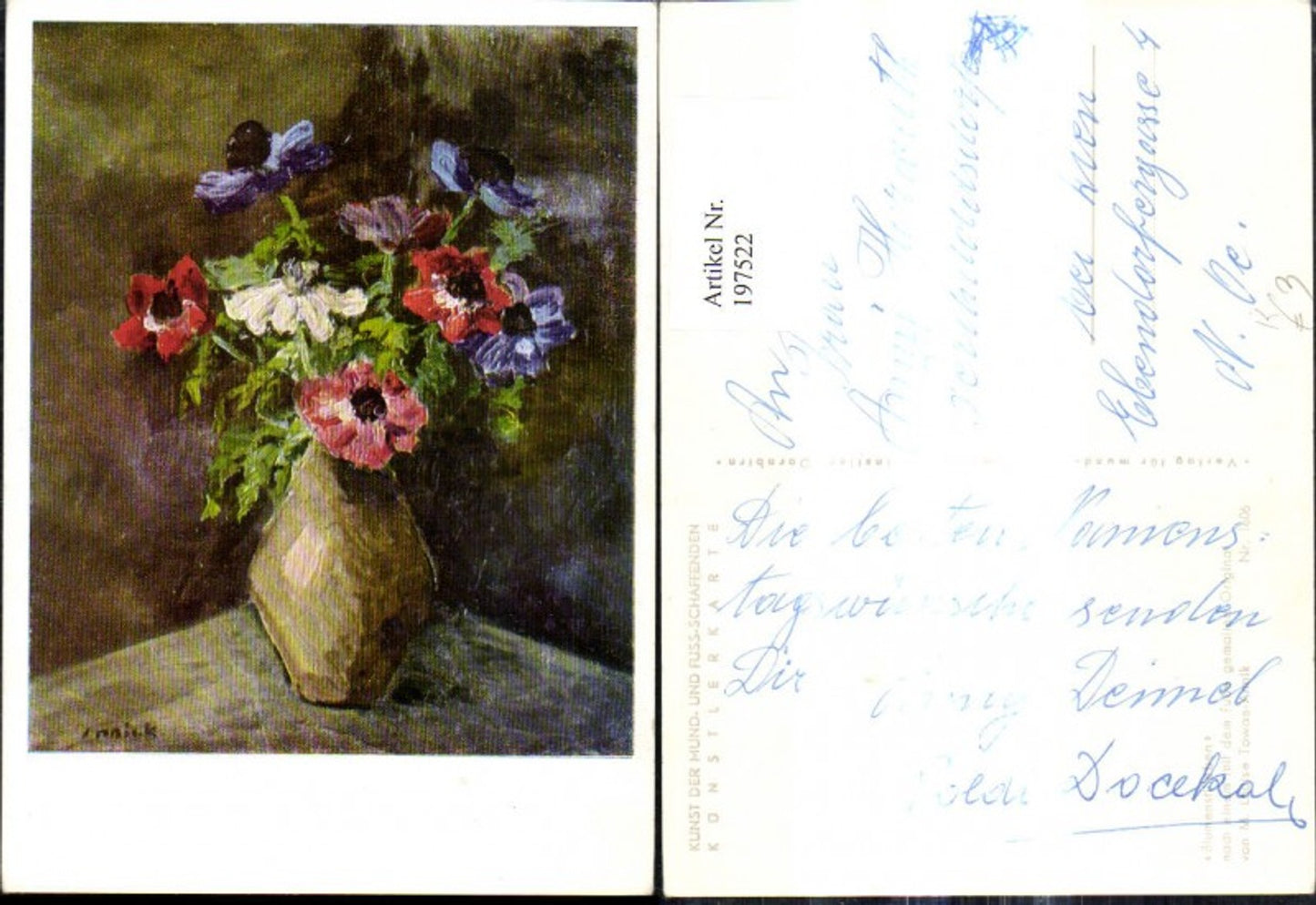 197522,Künstler Ak M. Louise Towae Annik Blumenstillleben Blumen Vase Mohnblumen