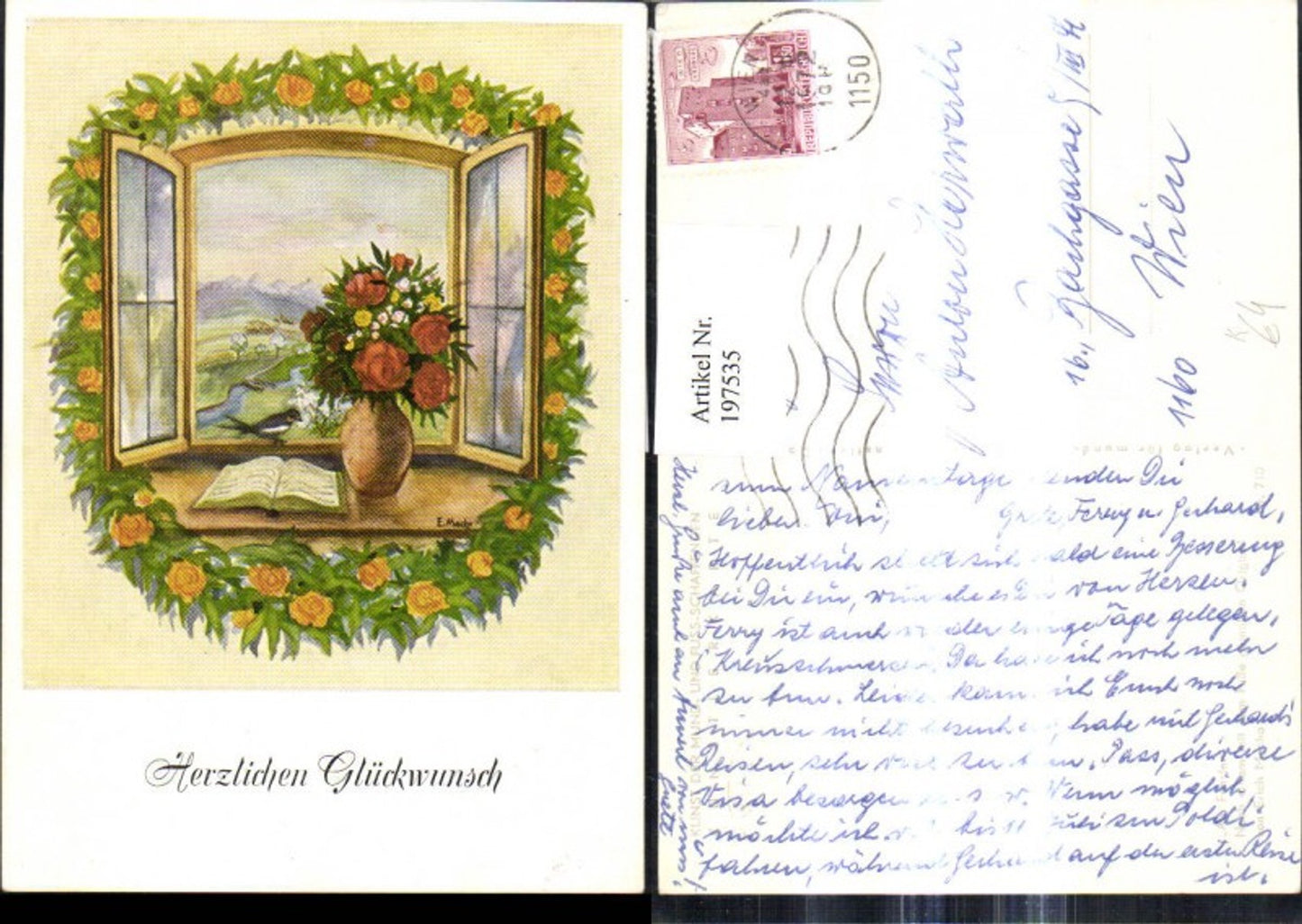197535,Künstler Ak Erich Macho Am Fenster Blumenvase Buch Vogel a. Fenster Blumengirlande Rosen