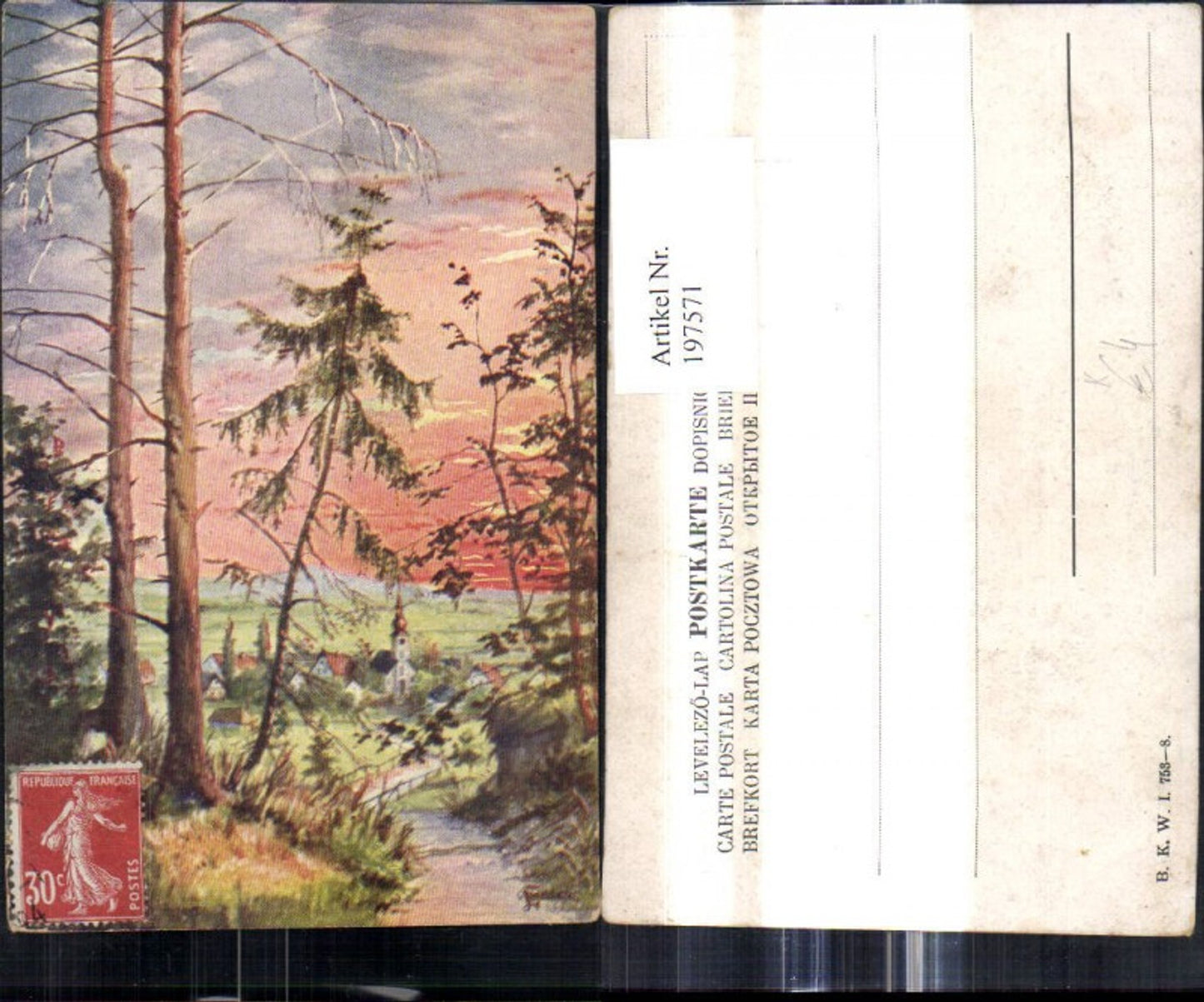 197571,Künstler Ak Wald Bäume Kirche Dorf i. Hintergrund Landschaft