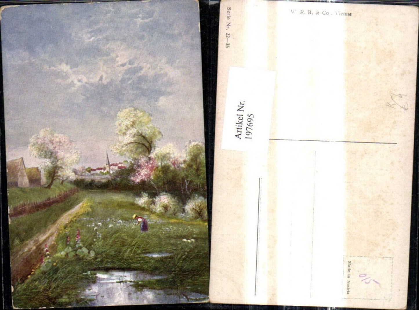 197695,Künstler Ak Frau a. Feld Blumenwiese Dorf Kirche i.Hintergrund Landschaft