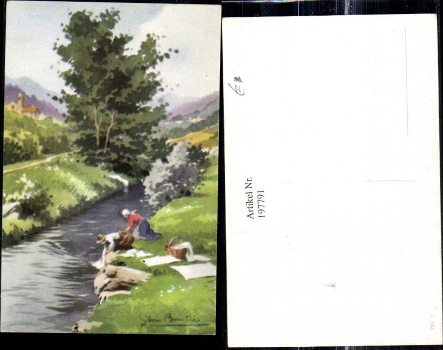 197791,Künstler Ak S. Bonelli Frauen waschen Wäsche Bach Landschaft