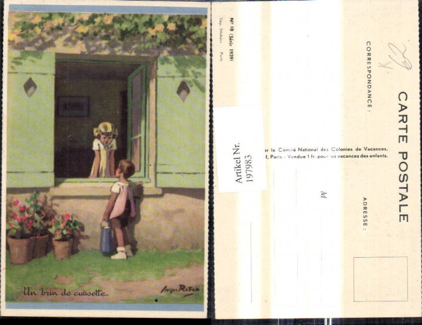 197983,Künstler Ak Kinder a. Fenster Kanne Blumentöpfe Blumen Un brin de causette