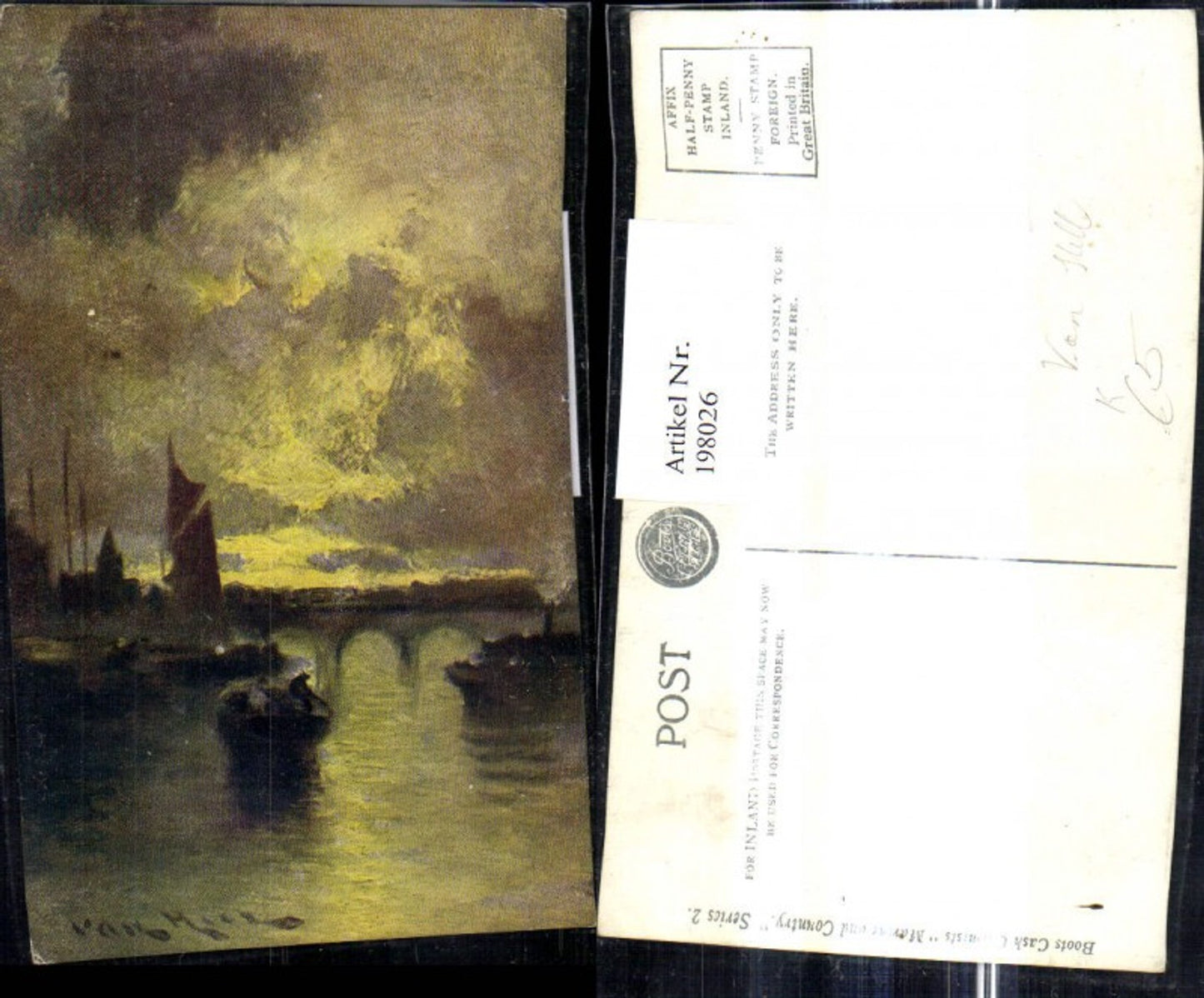198026,Künstler Ak Van Hill Segelboot Boote Brücke Landschaft