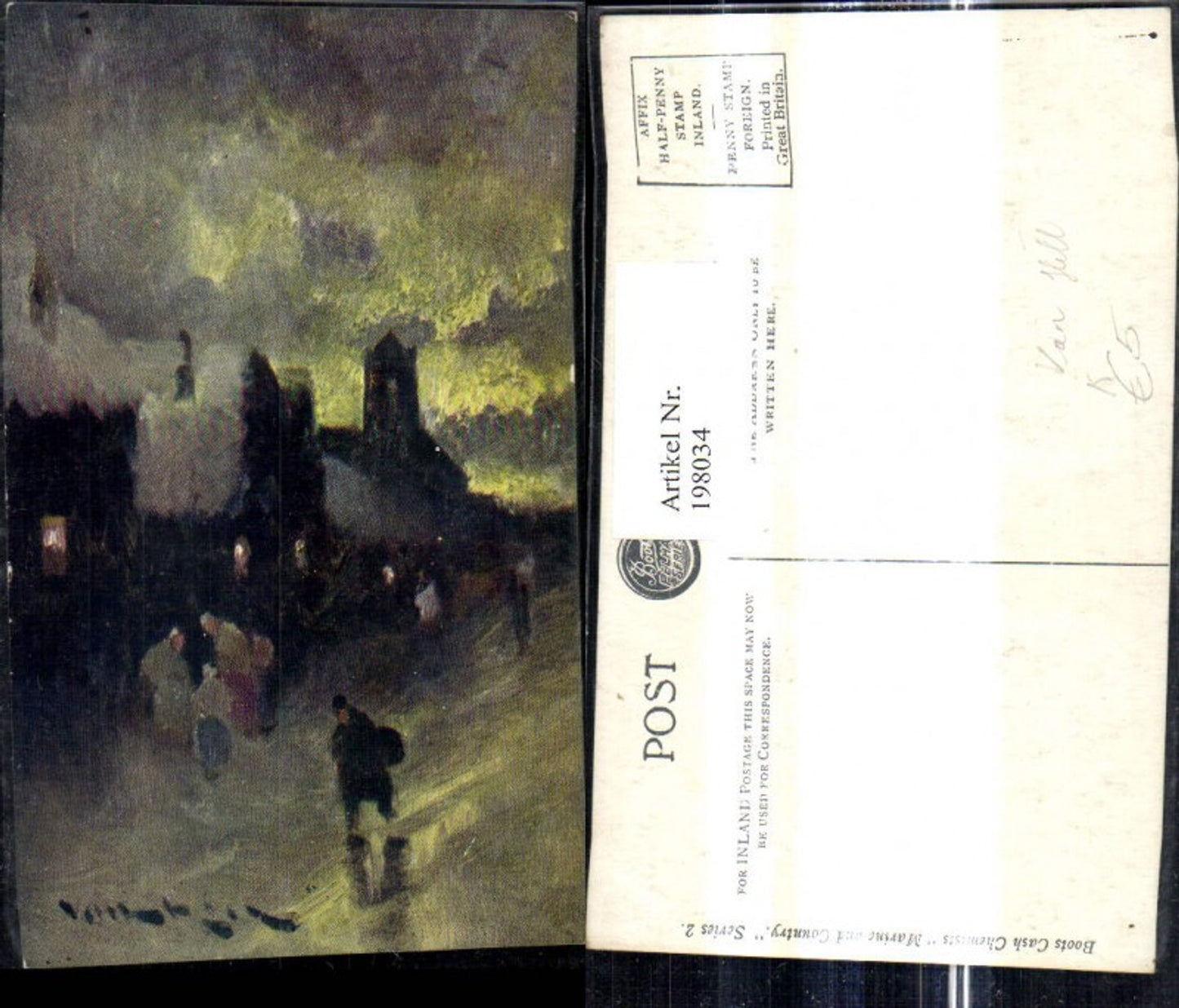 198034,Künstler Ak Van Hill Leute i. Dorf Stadt b. Nacht