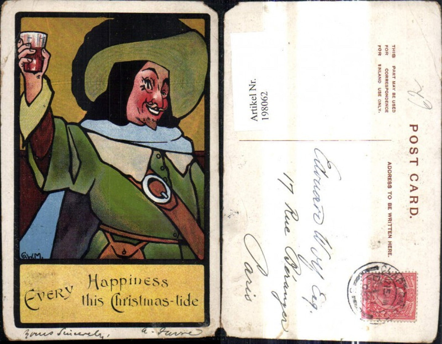 198062,Künstler Ak Mann Soldat Hut m. Glas Wein Weinglas Every Happiness this Christmas lide