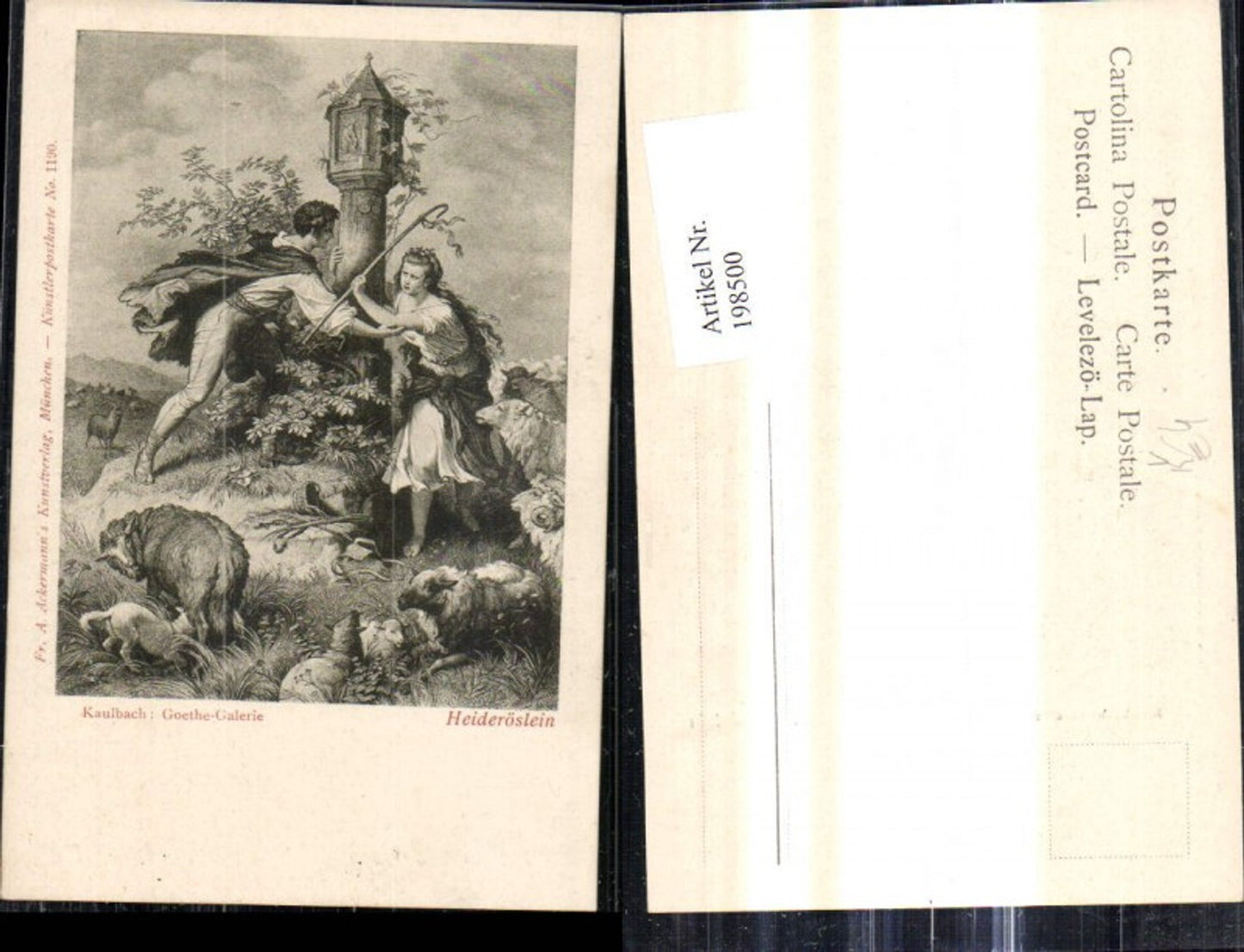 198500,Künstler Ak Kaulbach Goethe Galerie Heideröslein Frau Mann Marterl Schafe Lämmer pub F. A. Ackermann 1190
