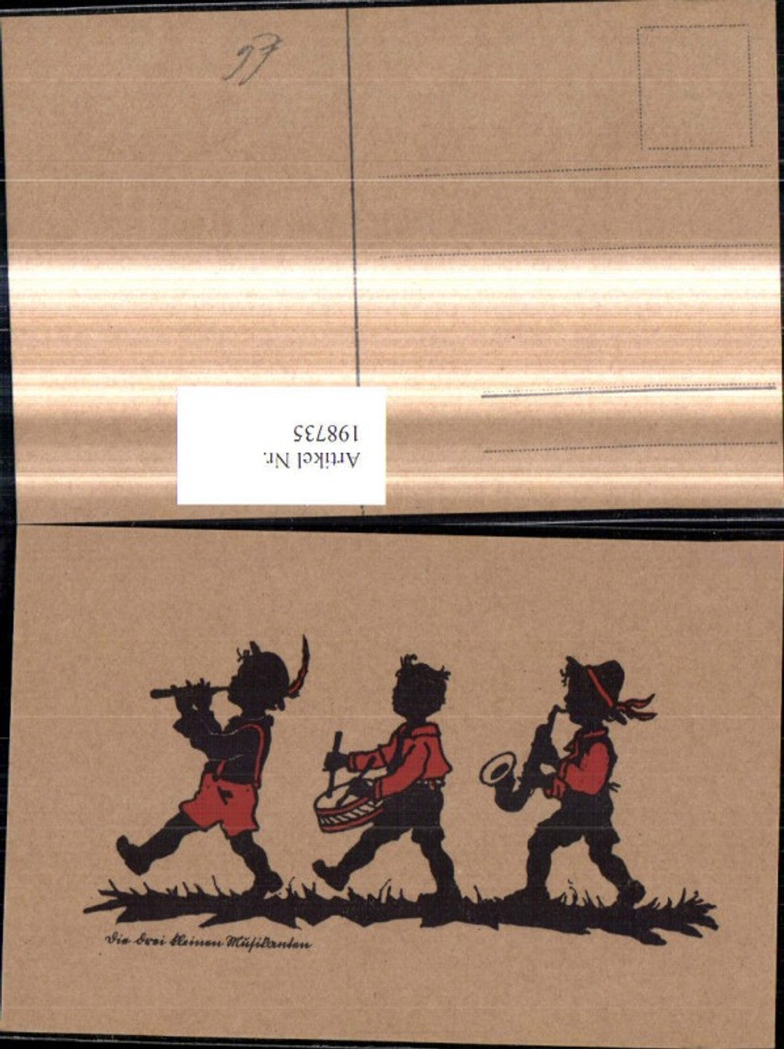 198735,Künstler Ak Scherenschnitt Silhouette Die drei kleinen Musikanten Flöte Trommel Saxophon