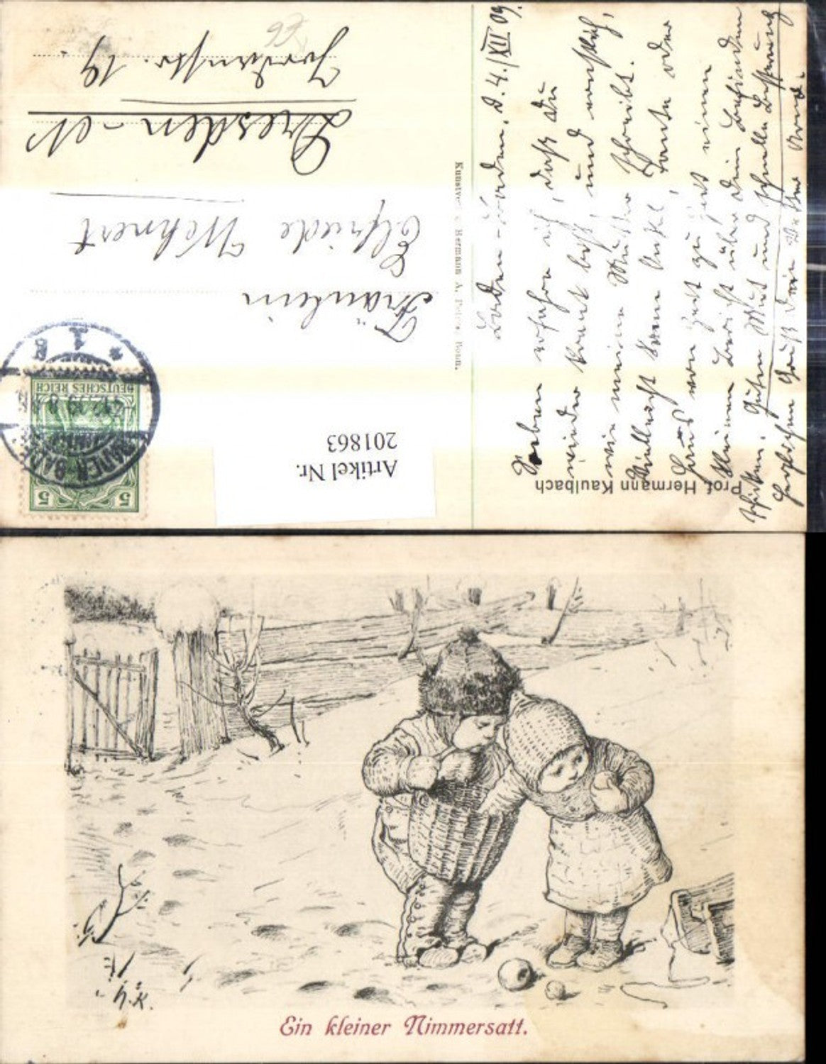 201863,Künstler Ak Prof. Hermann Kaulbach Ein kleiner Nimmersatt Kinder Korb Äpfel Winterlandschaft