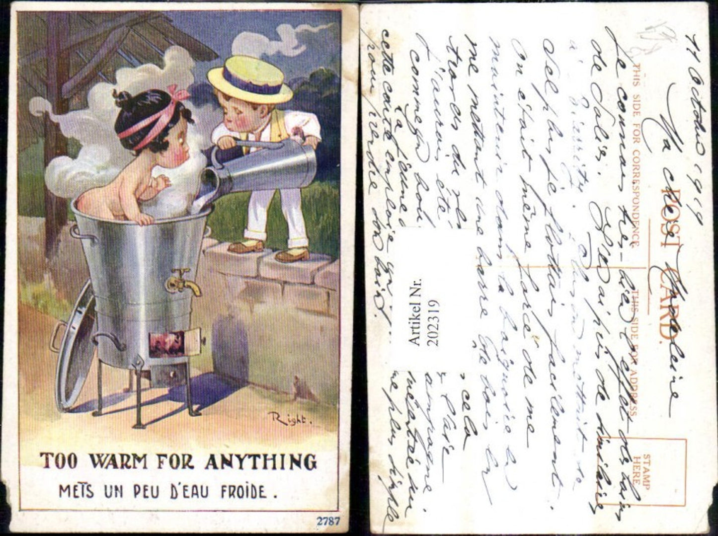 202319,Künstler Ak Right Mädchen nimmt Bad i. Badezuber Junge Gießkanne Spruch Text