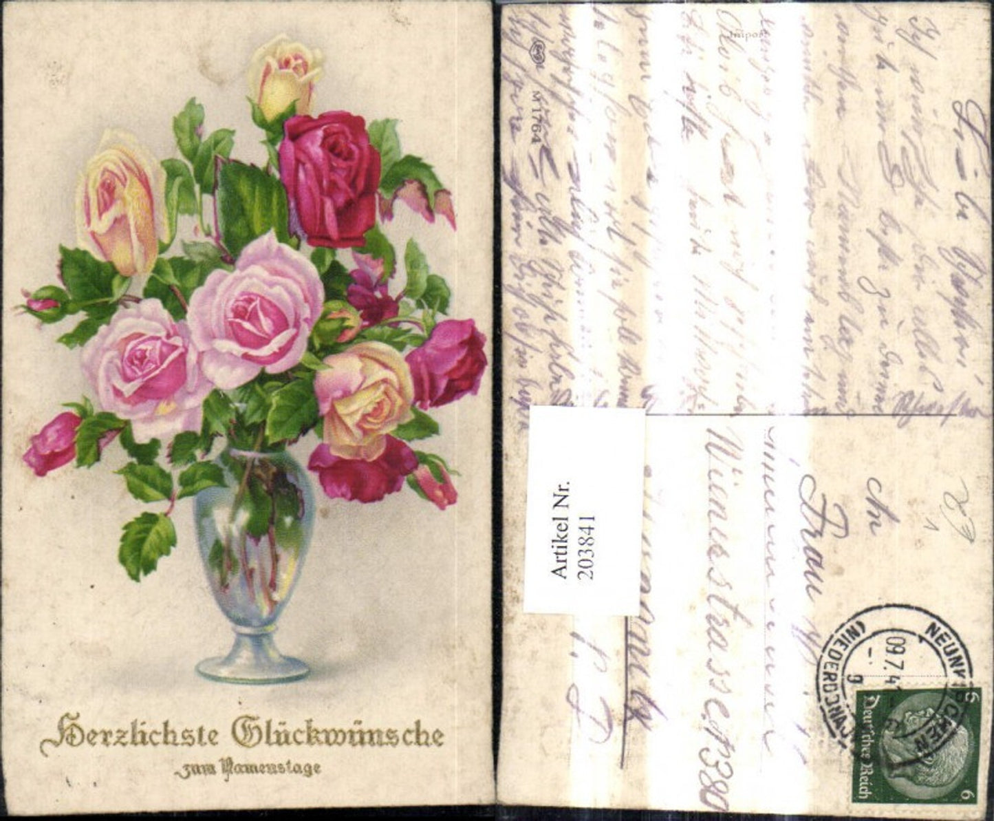 203841,Namenstag Blumenvase Vase Blumen Rosen Goldverzierung pub EAS 1764
