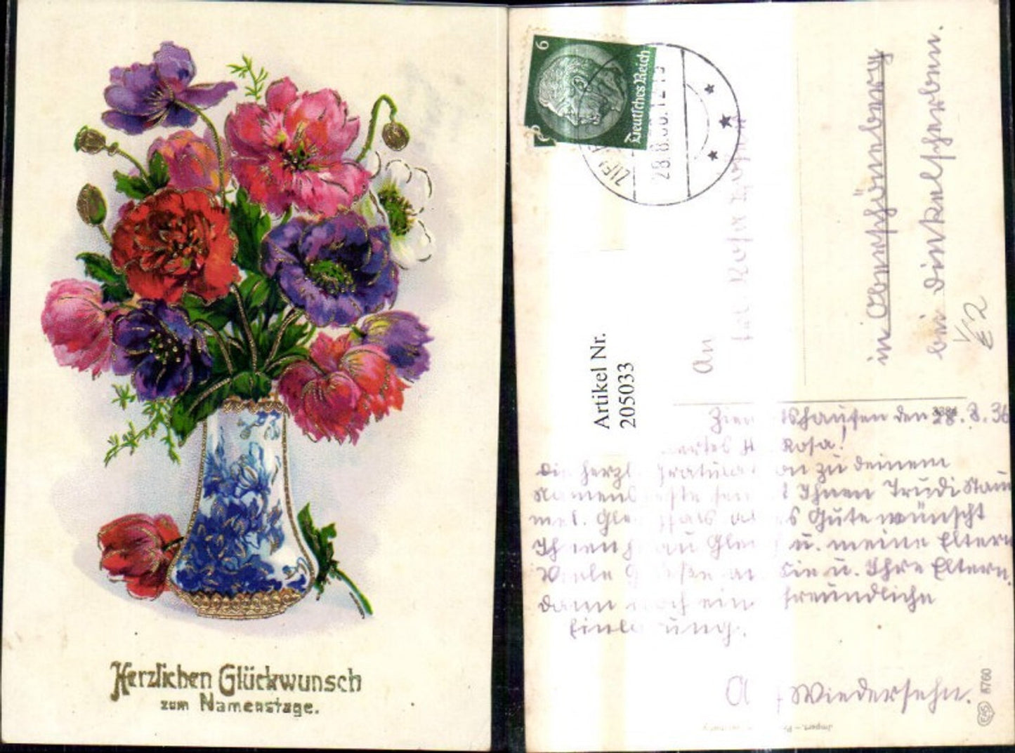 205033,Künstler Ak Blumenvase Vase m. Blumen Namenstag Goldverzierung pub EAS 3760