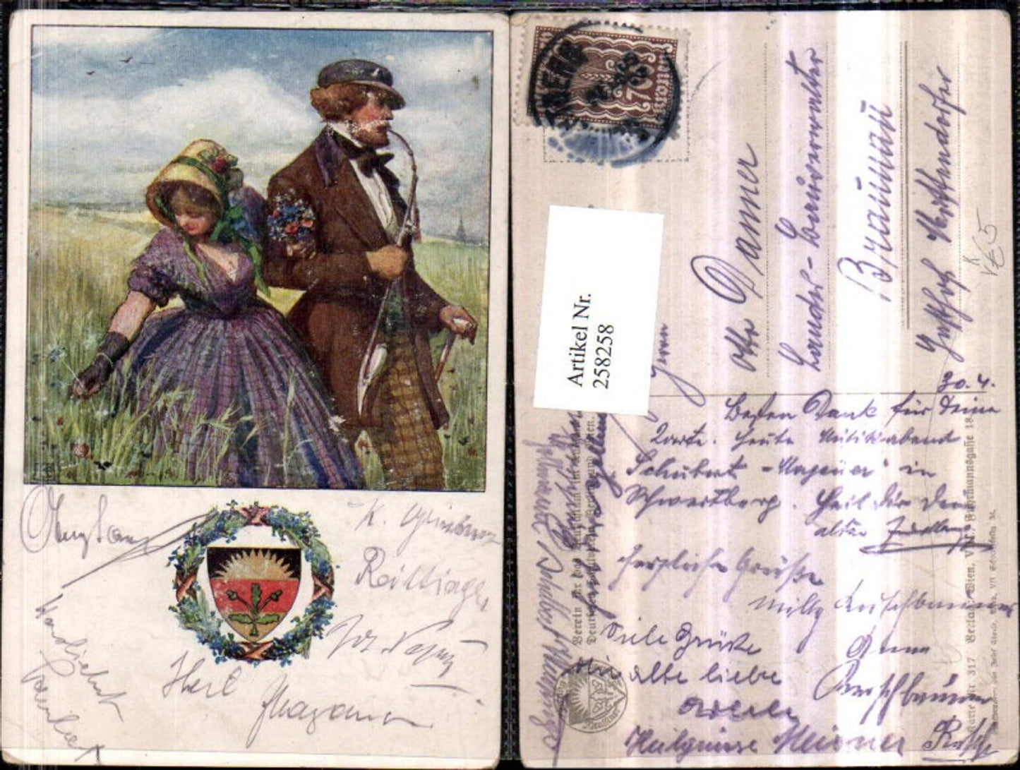 258258,Deutscher Schulverein 317 Künstlerkarte Mann m. Mütze Pfeife Stock Frau m. Hut Kleid Wiese
