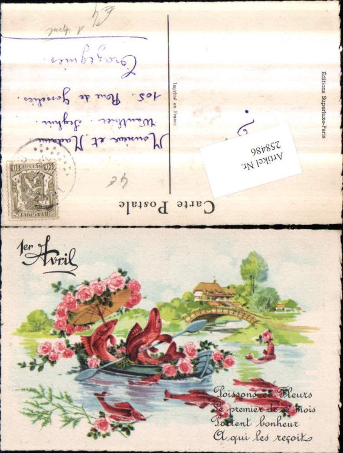 258486,Künstler AK 1. April Landschaft Brücke Fische Ruderboot Schirm Rosen
