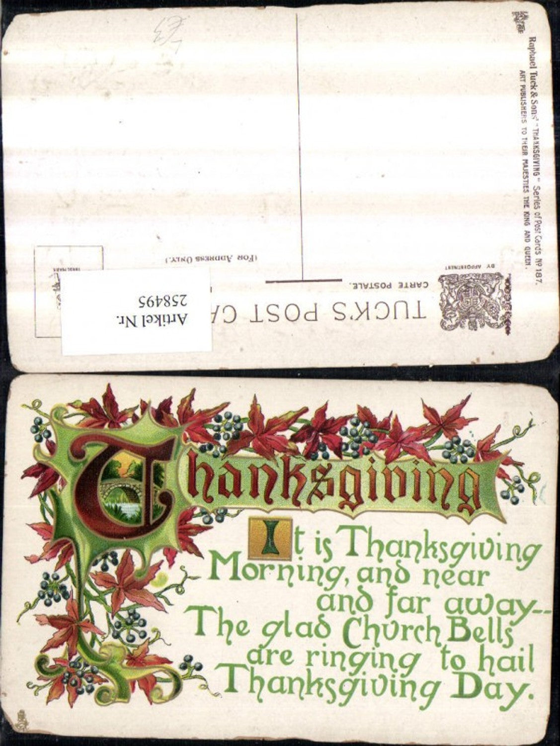 258495,Präge Litho AK Thanksgiving Erntedank Brücke in Buchstabe Blätter Beeren Text pub Raphael Tuck u. Sons 187