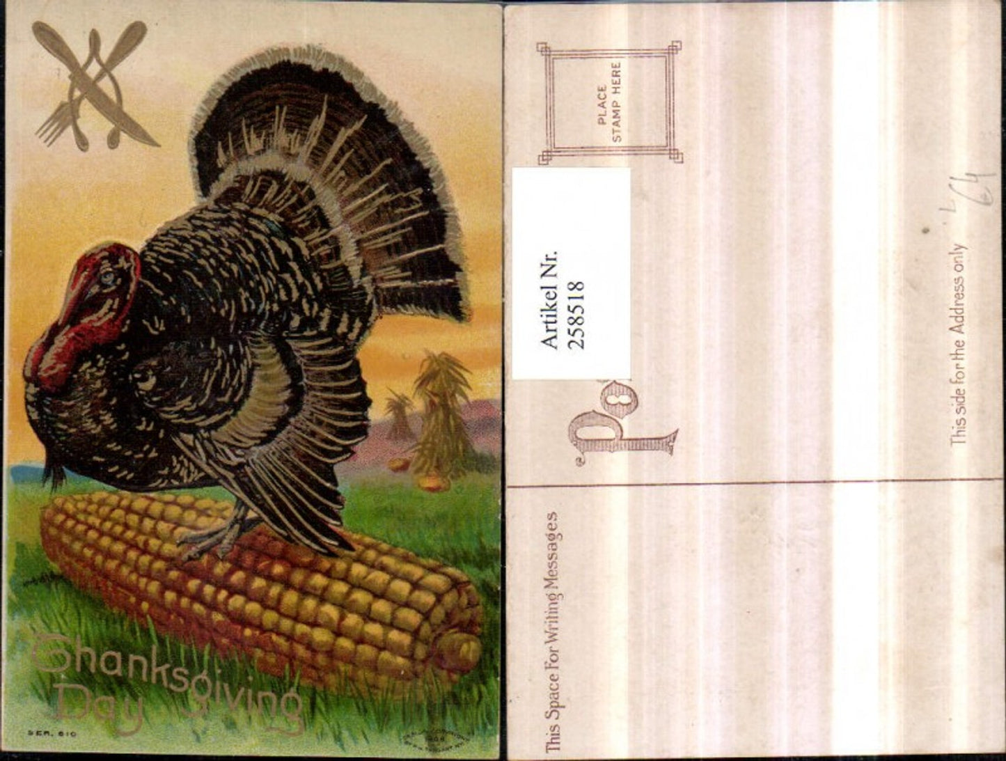 258518, Embosser Lithograph AK Thanksgiving Day Harvest Turkey Corn on the Cob