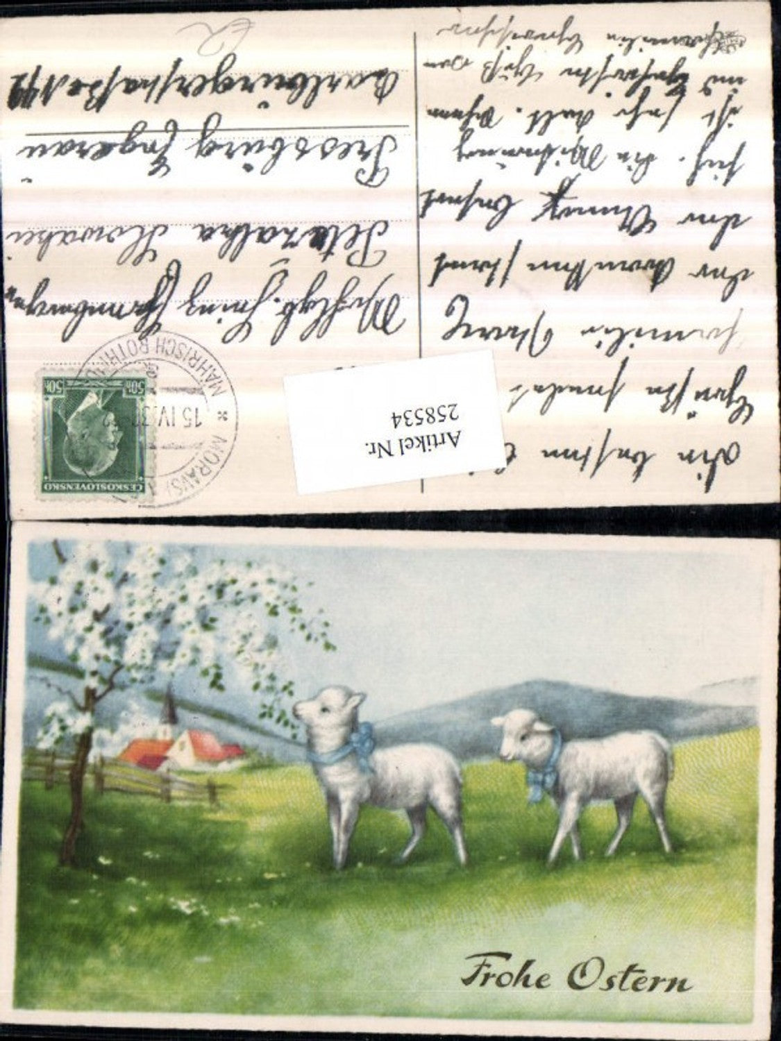 258534,Ostern Schafe Lämmer m. Schleife Landschaft Baumblüten