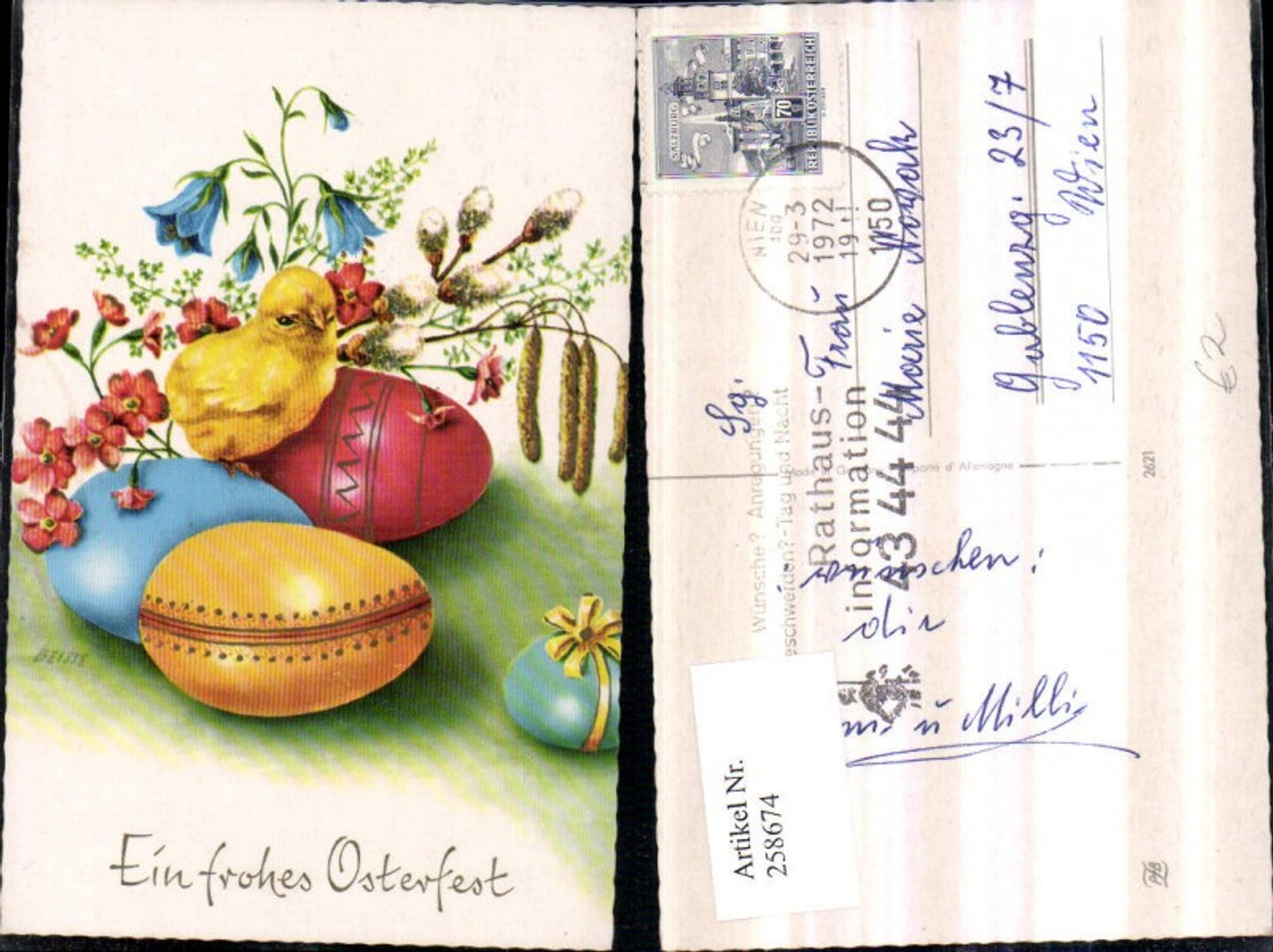 258674,Künstler AK Beisse Ostern Ostereier Eier Küken Blumen Glockenblume Palmkätzchen