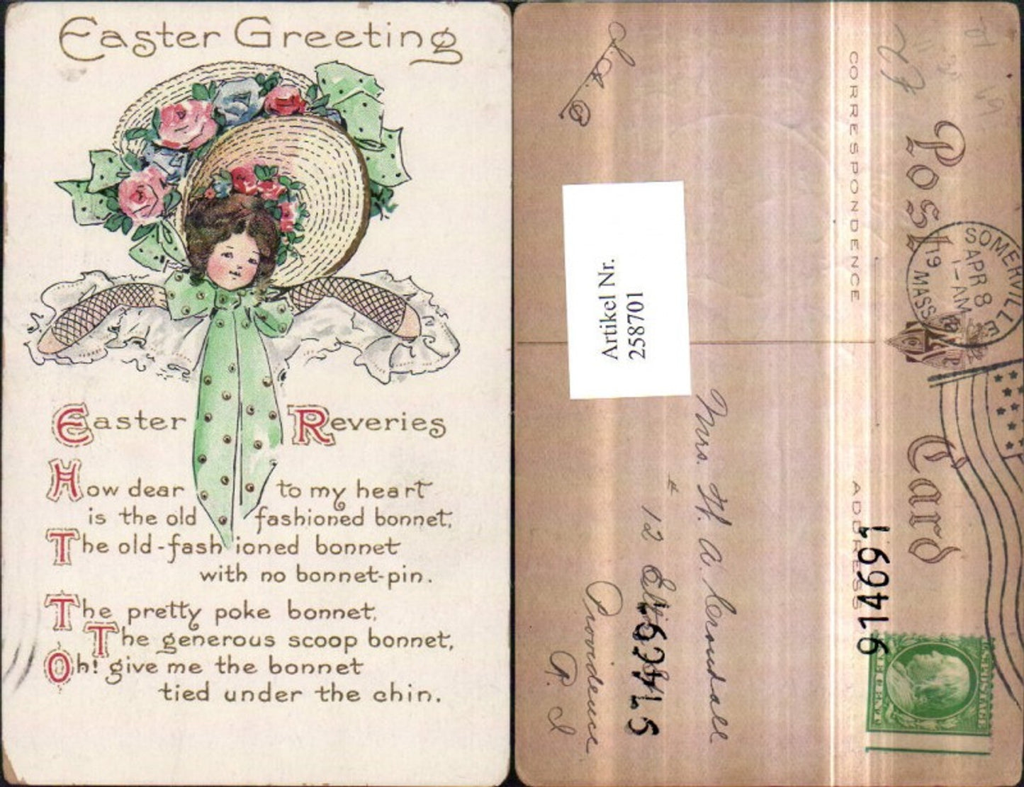 258701, embossed postcard, Easter girl's head, hat, hat fashion, flowers, bow, text, saying