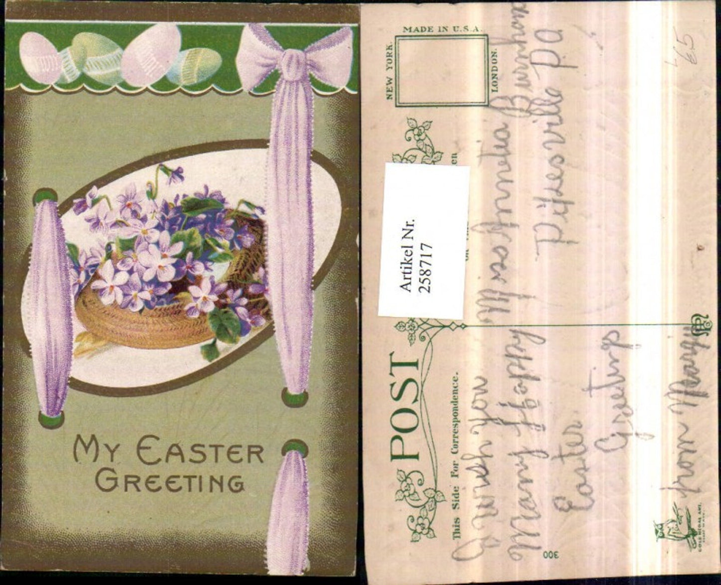 258717, Embossed Lithograph Postcard Easter Flowers Violets Passepartout Egg Bow