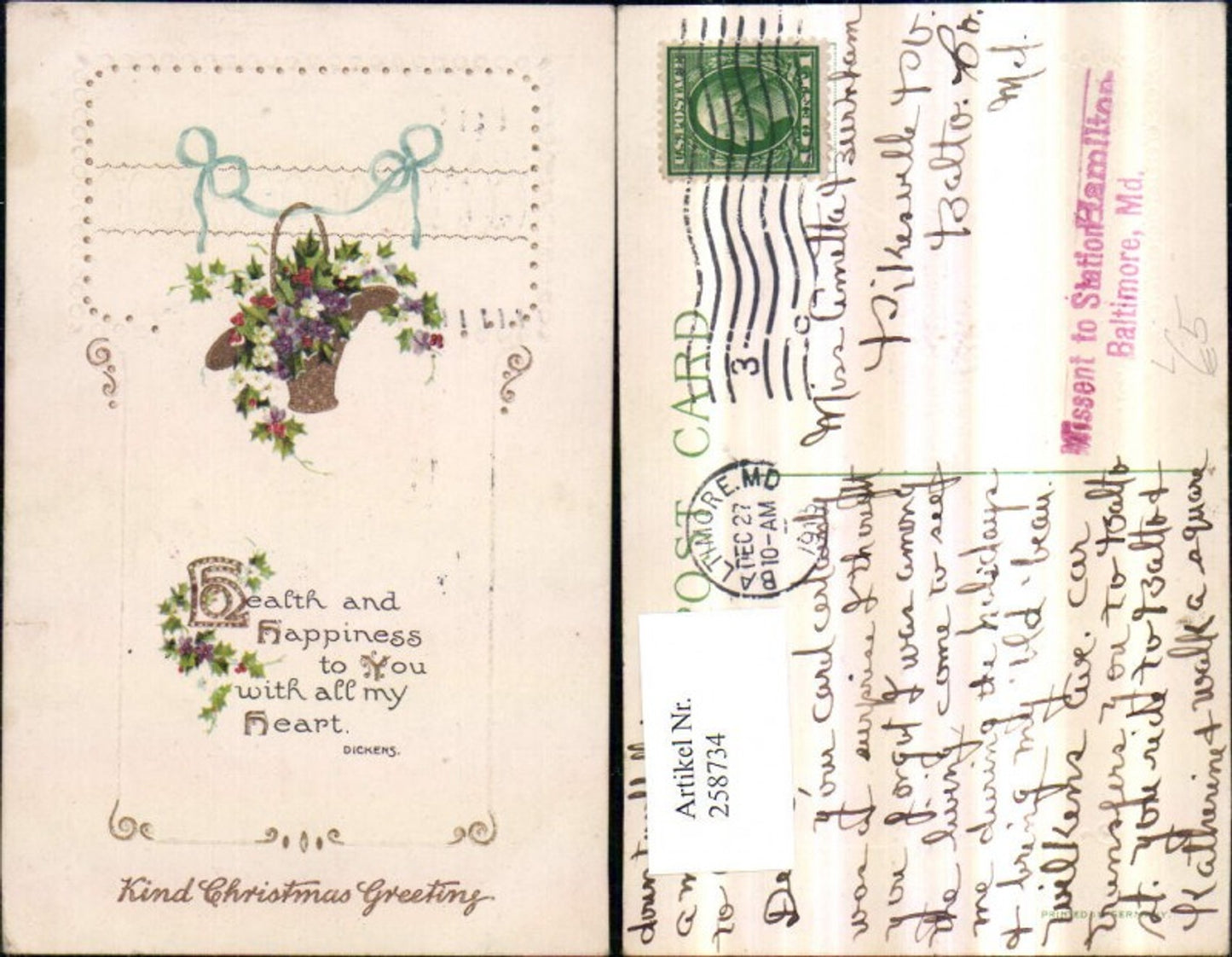 258734, Embossed Lithograph Postcard Christmas Basket Flowers Ribbon Saying Text by Dickens