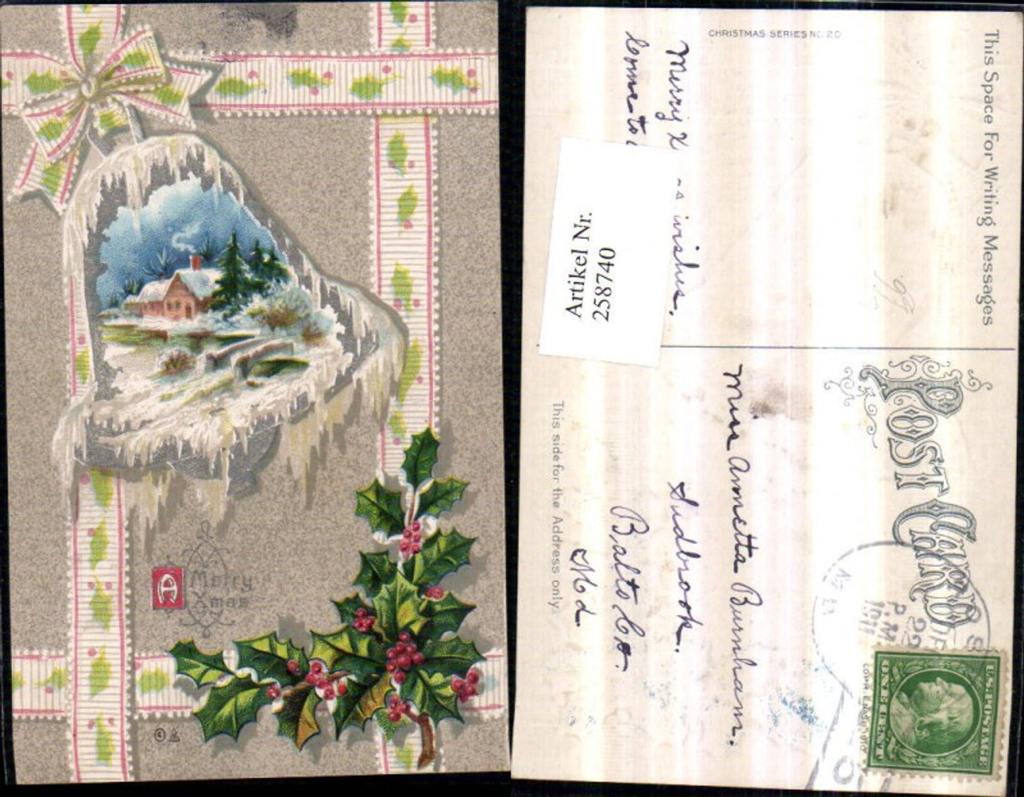 258740, Embossed Lithograph Postcard Christmas Winter Landscape Bridge Passepartout Bell Bow Holly