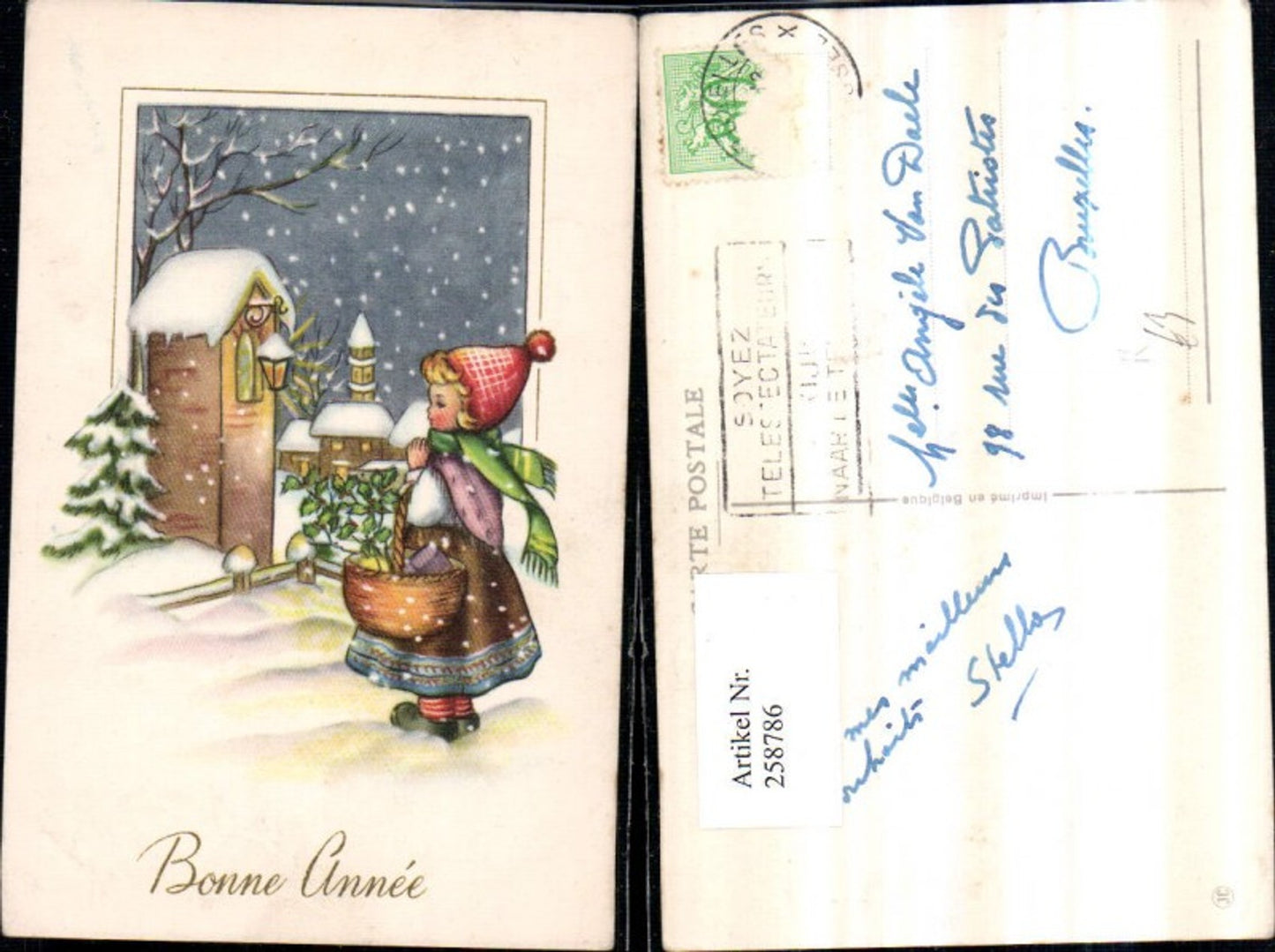 258786, Artist AK New Year Girl with bonnet, scarf, basket, holly, wayside shrine, lantern