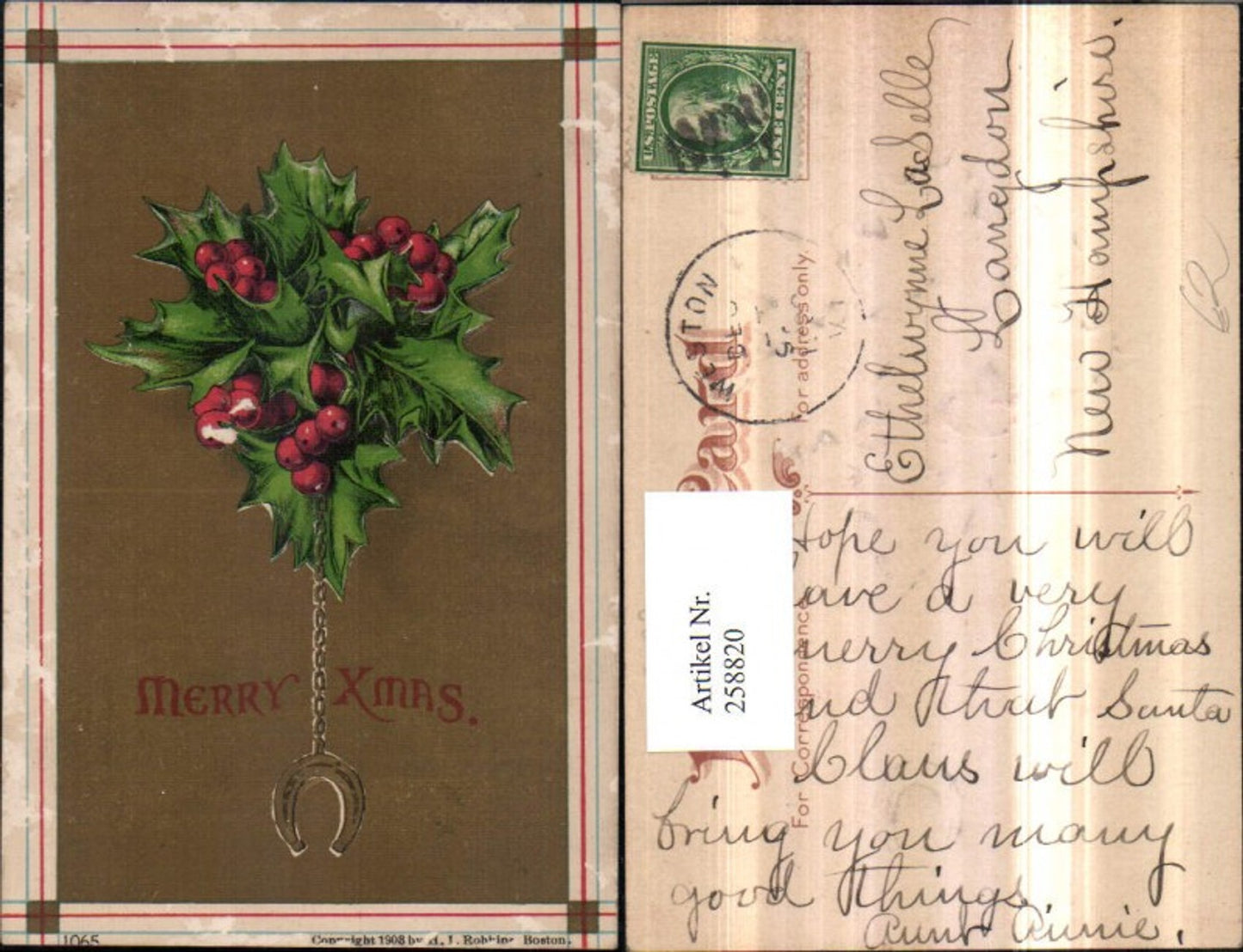 258820,Präge AK Weihnachten Stechpalme Eisenkette Hufeisen