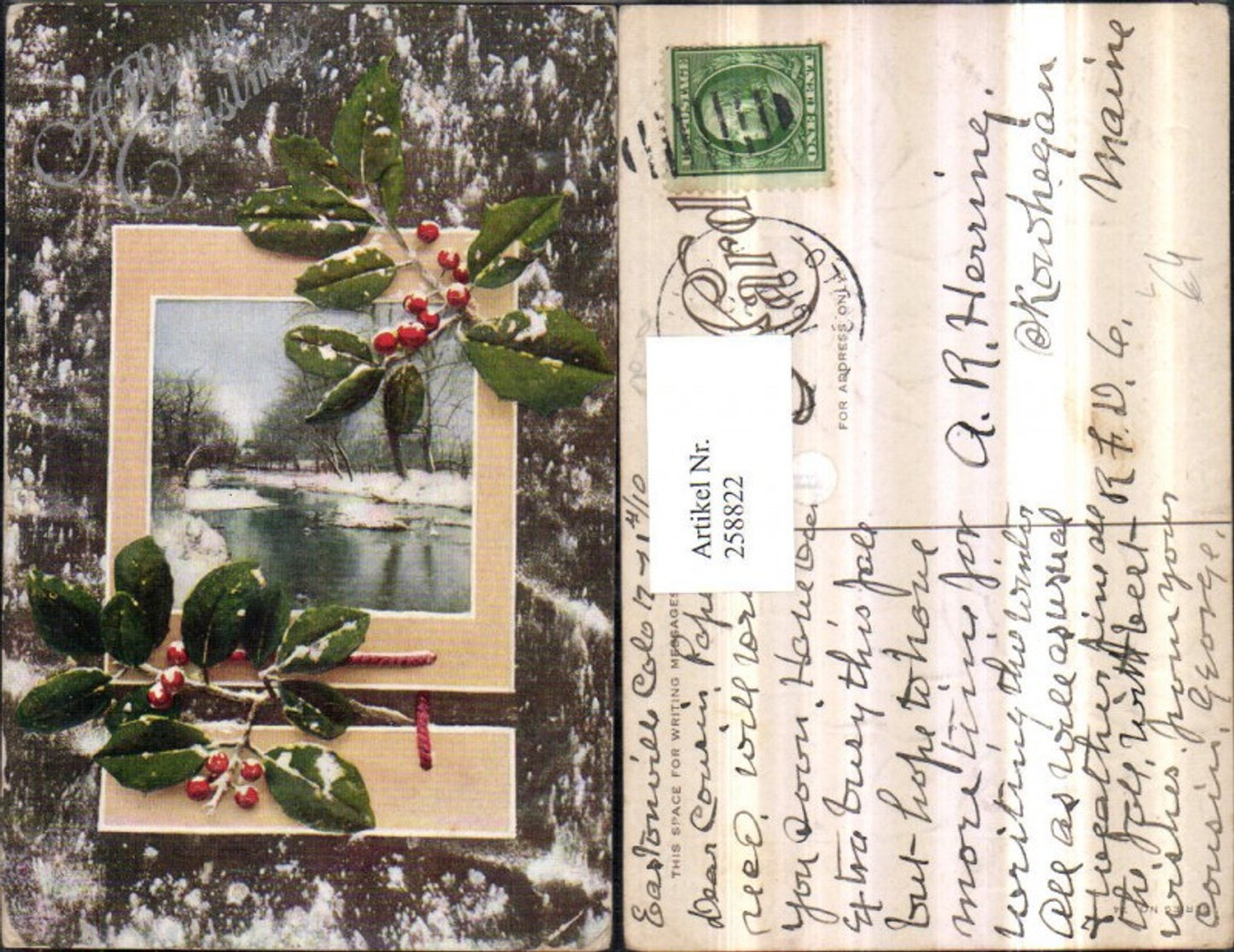 258822, Embosser Lithograph Postcard Christmas Winter Landscape Stream Passepartout Holly