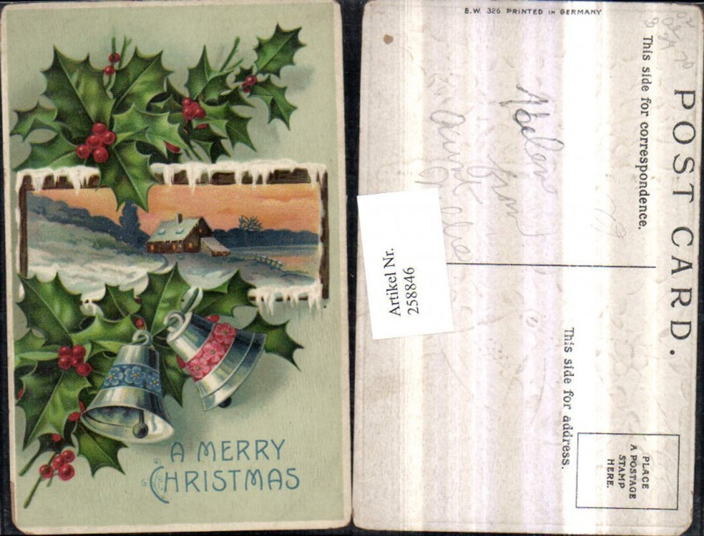 258846, embossed postcard Christmas winter landscape passe-partout holly bells