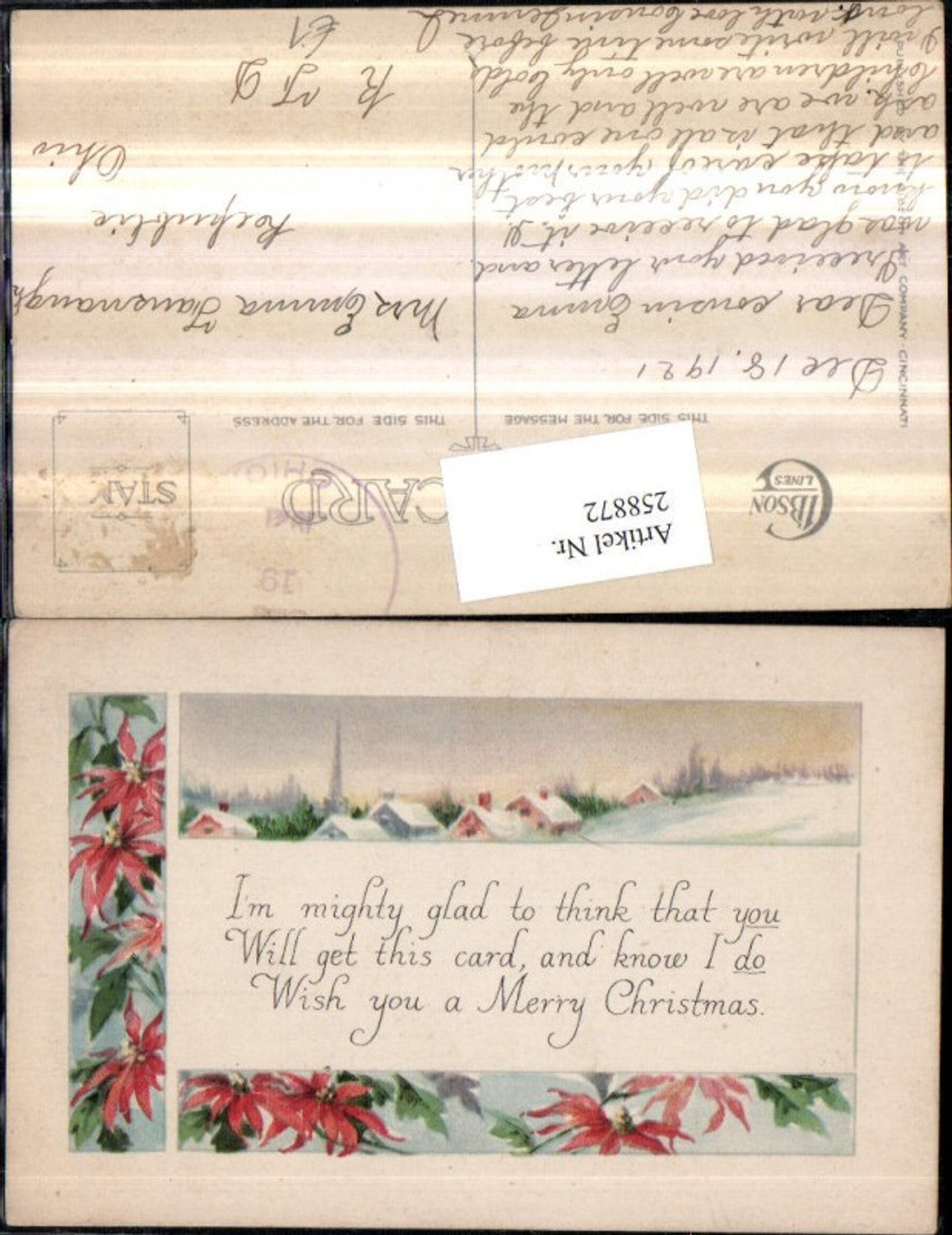 258872,Weihnachten Winterlandschaft Winterdorf Weihnachtssterne Blumen Passepartout Spruch Text