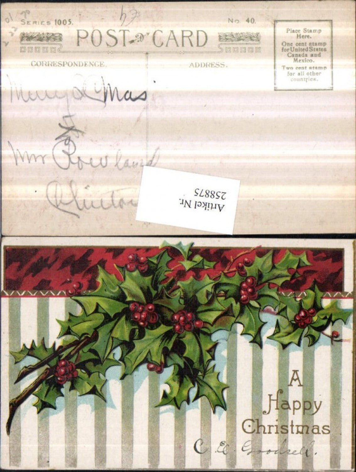 258875, embossed postcard Christmas holly berries