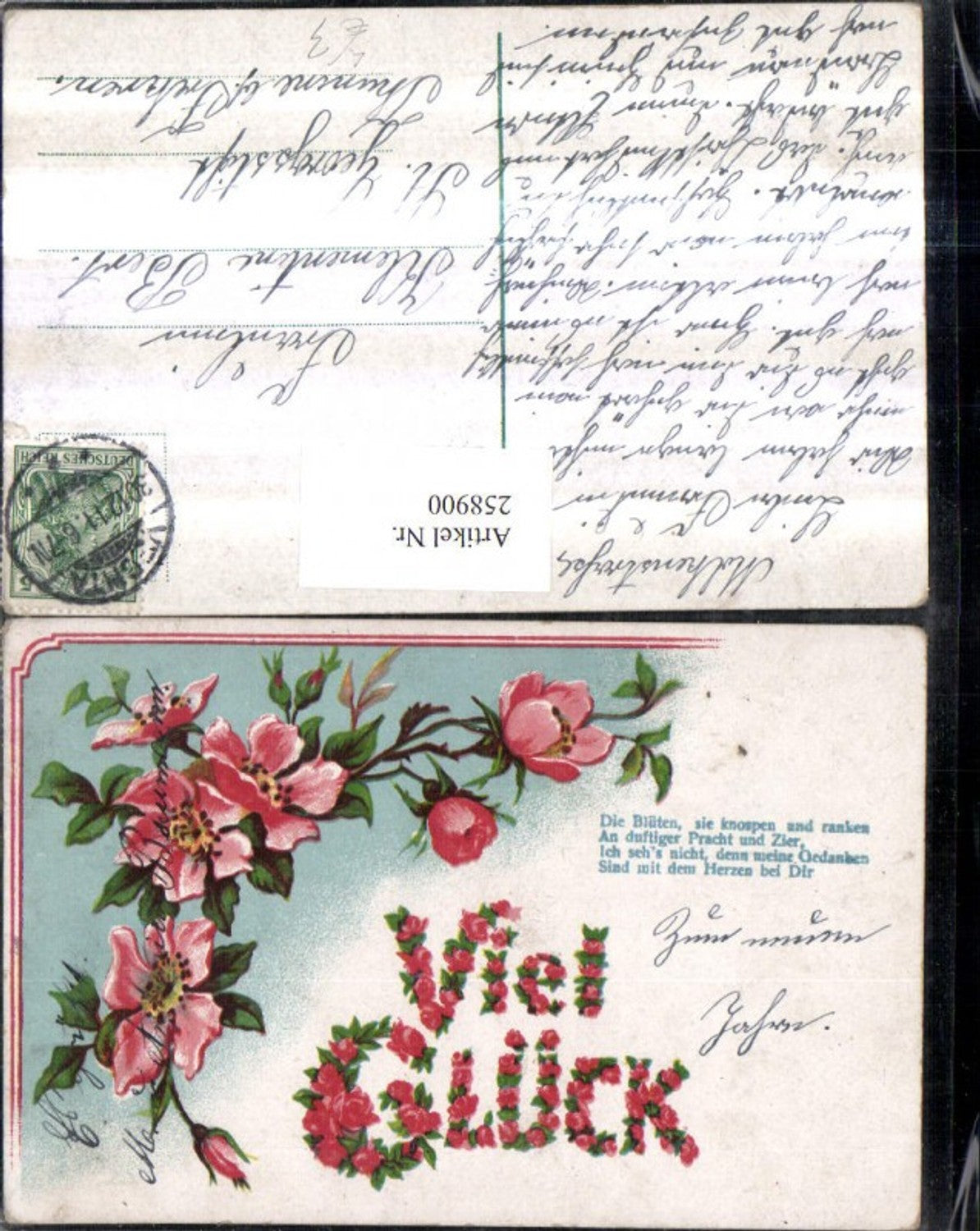 258900,Litho AK Viel Glück Blütenzweige Blüten Knospen Spruch Text