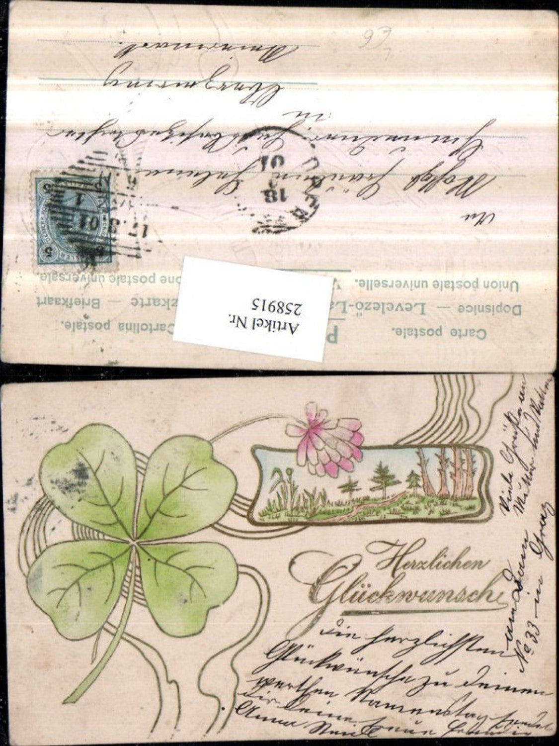 258915, Embossed Lithograph Postcard Congratulations Landscape Passepartout Cloverleaf Clover