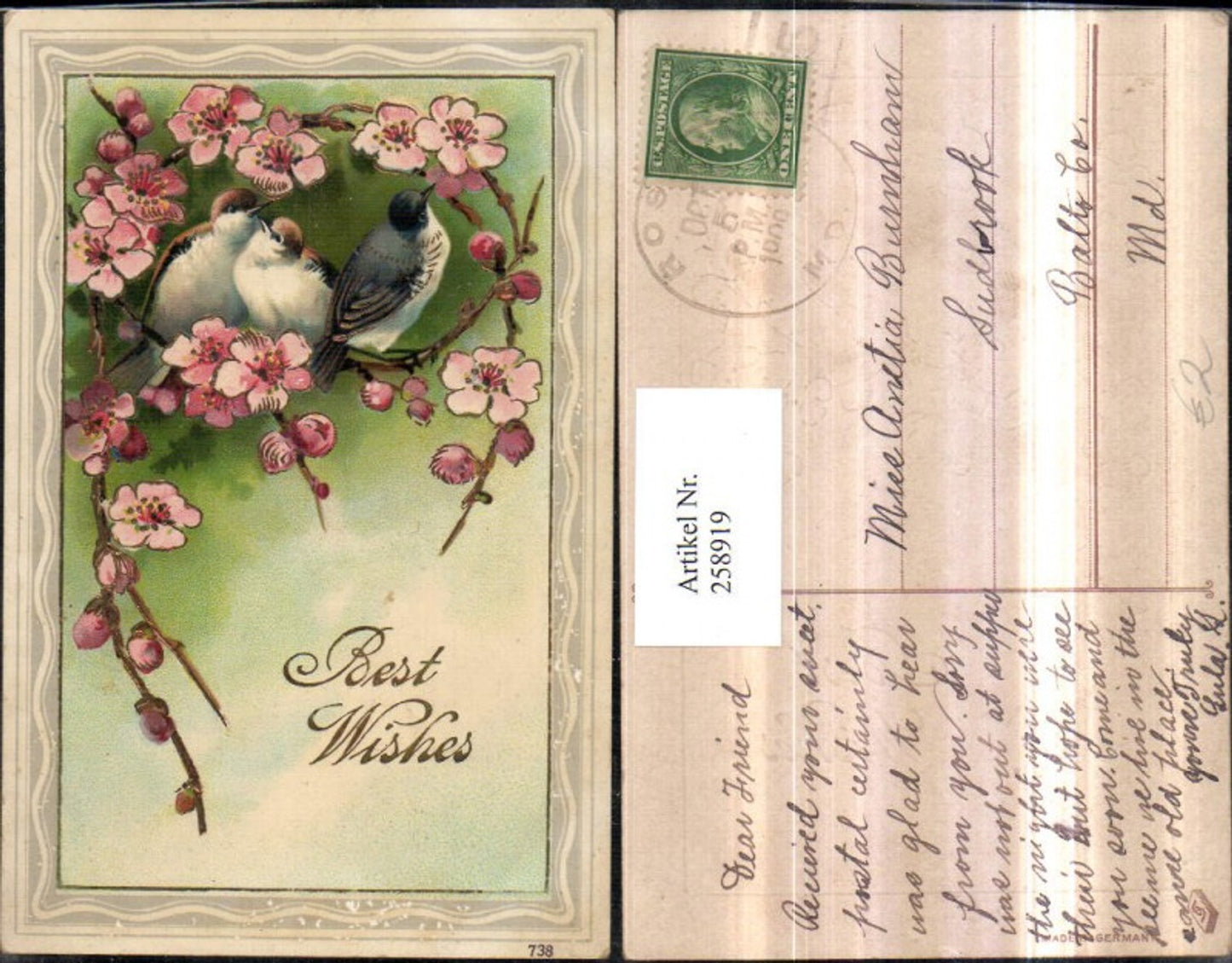 258919, embossed AK gold decoration Best Wishes birds flowering branches blossoms