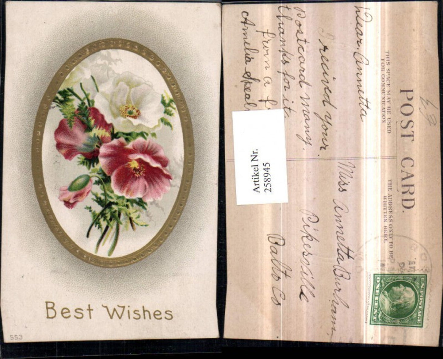 258945,Präge AK Best Wishes Blumen Passepartout