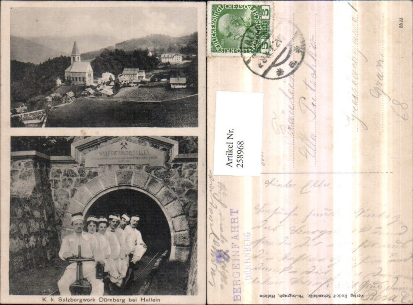 258968, Dürrnberg salt mine near Hallein, overall view of the church and mountain entrance, multi-view postcard