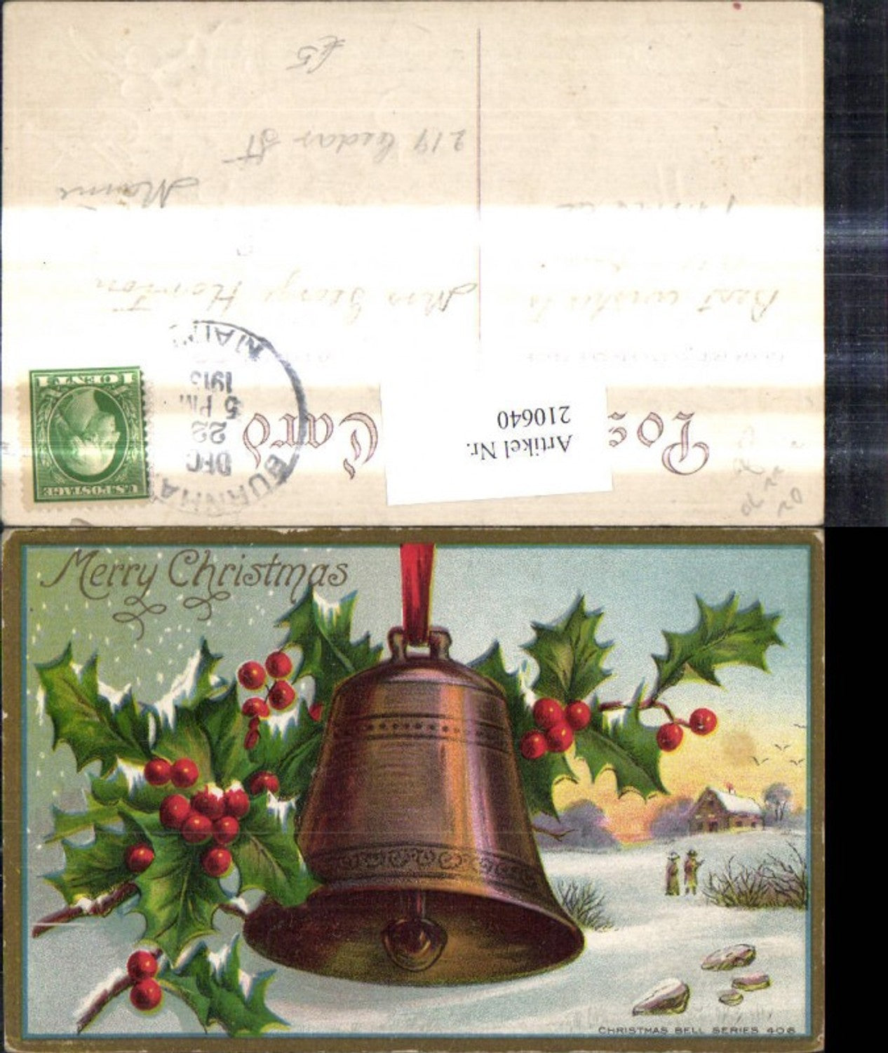 210640, embossed postcard Christmas holly branch bell house winter landscape