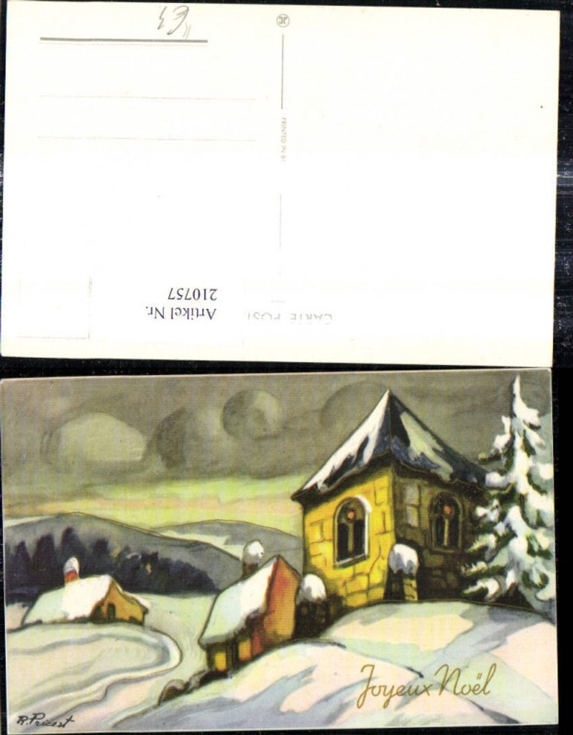 210757, Artist Ak R. Pricert House Church Winter Landscape Gold Ornament Christmas