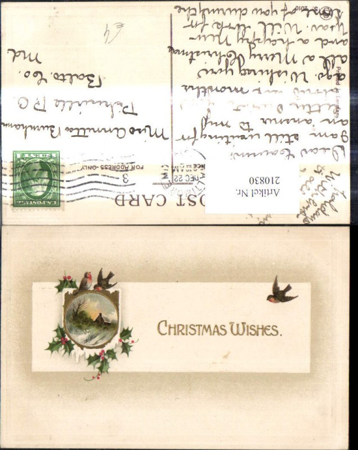 210830,Embossed postcard Christmas winter landscape house passe-partout birds holly branches gold lettering
