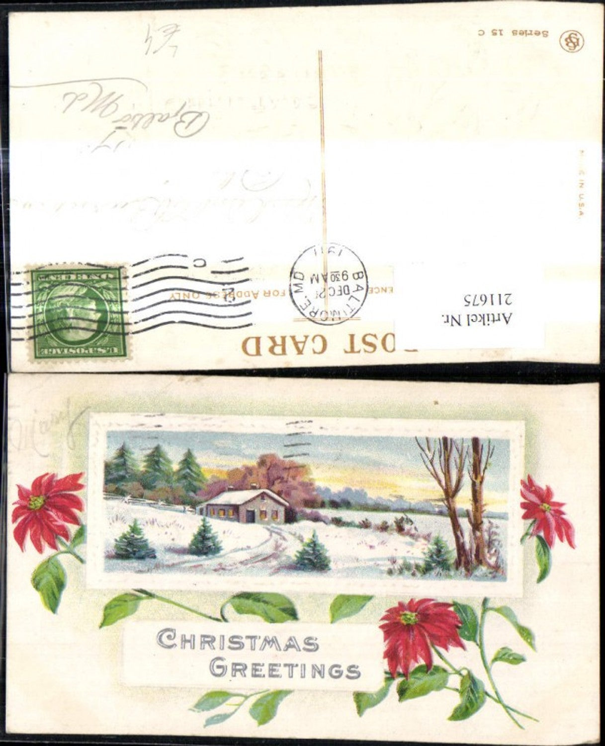211675, Embosser Lithograph House Winter Landscape Passepartout Poinsettia Christmas