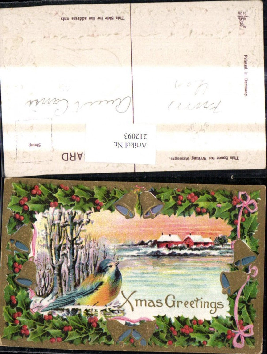 212093, embossed postcard, bird, lake, winter landscape, bells, bow, holly branches, Christmas, gold ornament